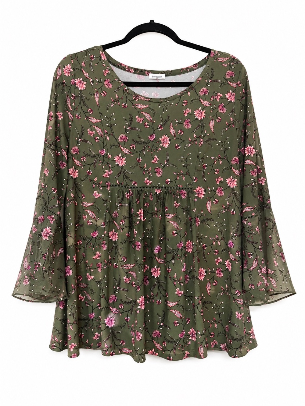 Westport Olive Floral Ruffled-Sleeve Peplum Top - Size L EUC - Picture 3 of 11